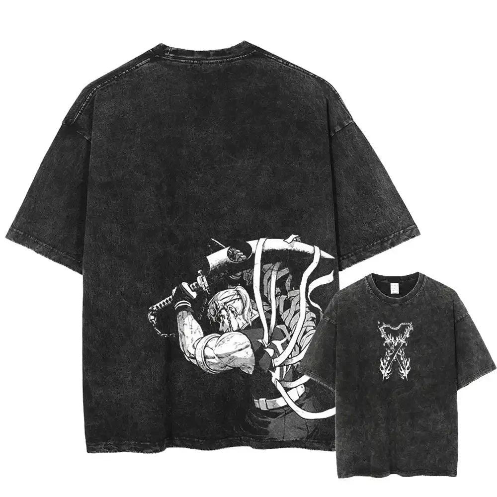 100% Cotton Acid Washed T Shirt Anime Printed Loose Fit Cotton Unisex Streetwear