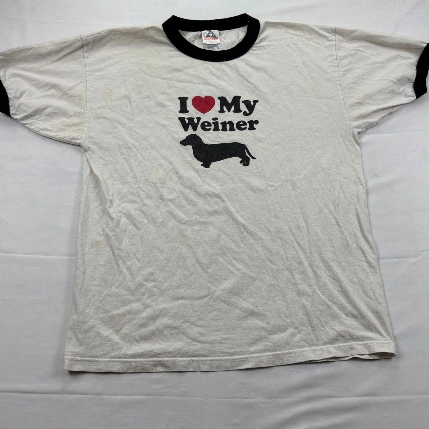 Y2K I Love My Weiner Dachshund Graphic Ringer T-Shirt XL White Black Alstyle