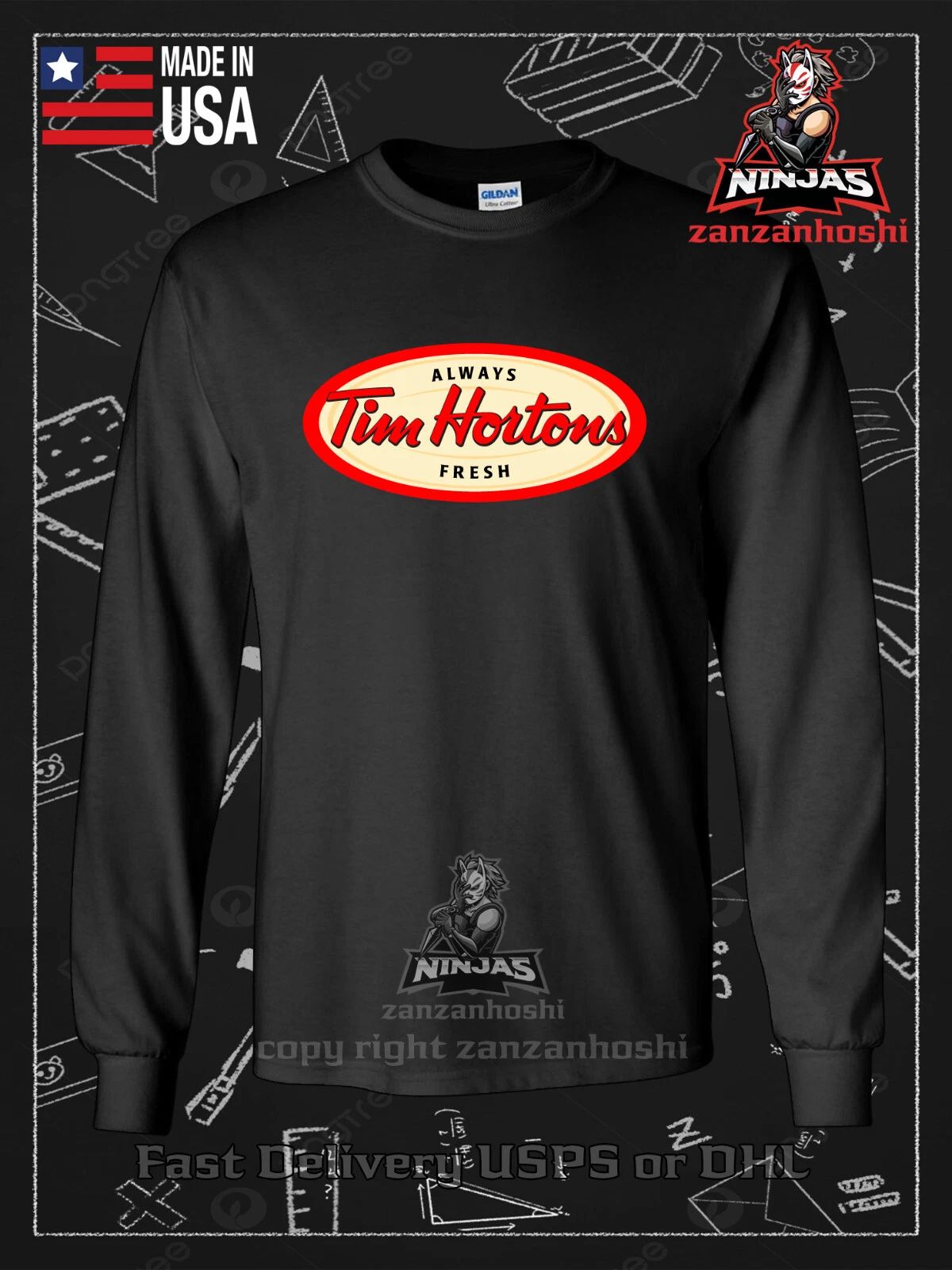 New Tim Hortons Alaways Fresh Logo Men's Long Sleeve T-Shirt American Tees