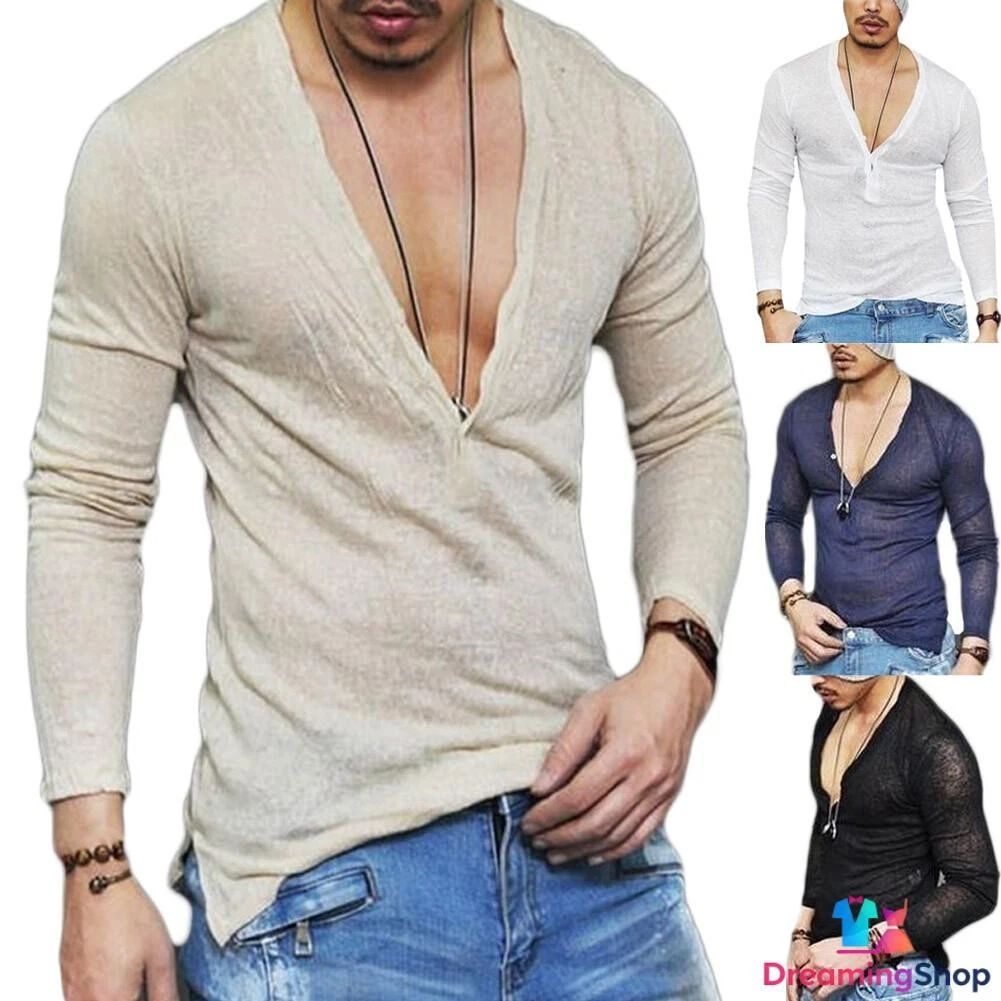 Fashion New Men's Slim Fit Shirts Deep V-Neck Long Sleeve Casual T-Shirt Tee