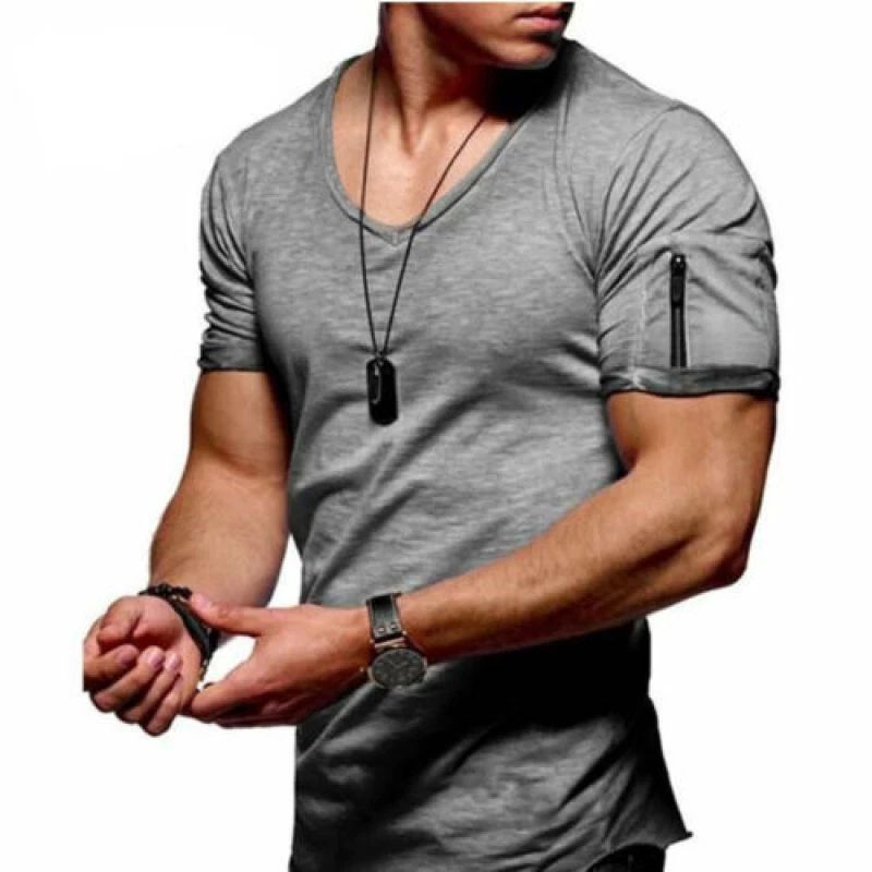 Men Short Sleeve V Neck T Shirt Casual Slim Fit Solid Muscle Tee Tops Zipper T