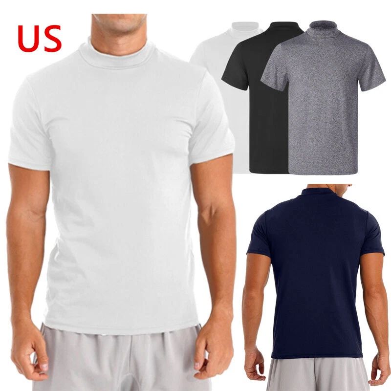 Freebily Men Mock Neck T-shirt Short Sleeve Undershirt Casual Solid Color Top