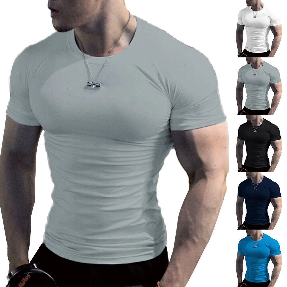 Men Slim Fit Crew Neck T Shirt Muscle Top Gym Short Sleeve Plain Sports Tee