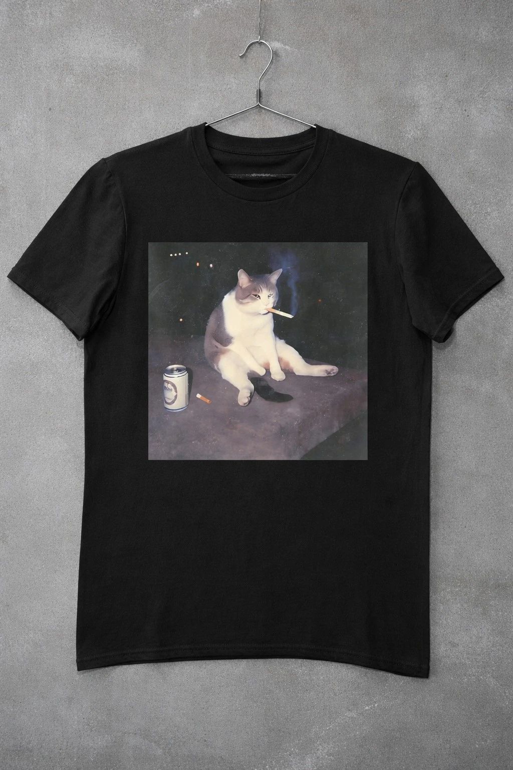 Funny Smoking Cat Graphic T-Shirt Black Meme Tee Cool Chill Cat Streetwear
