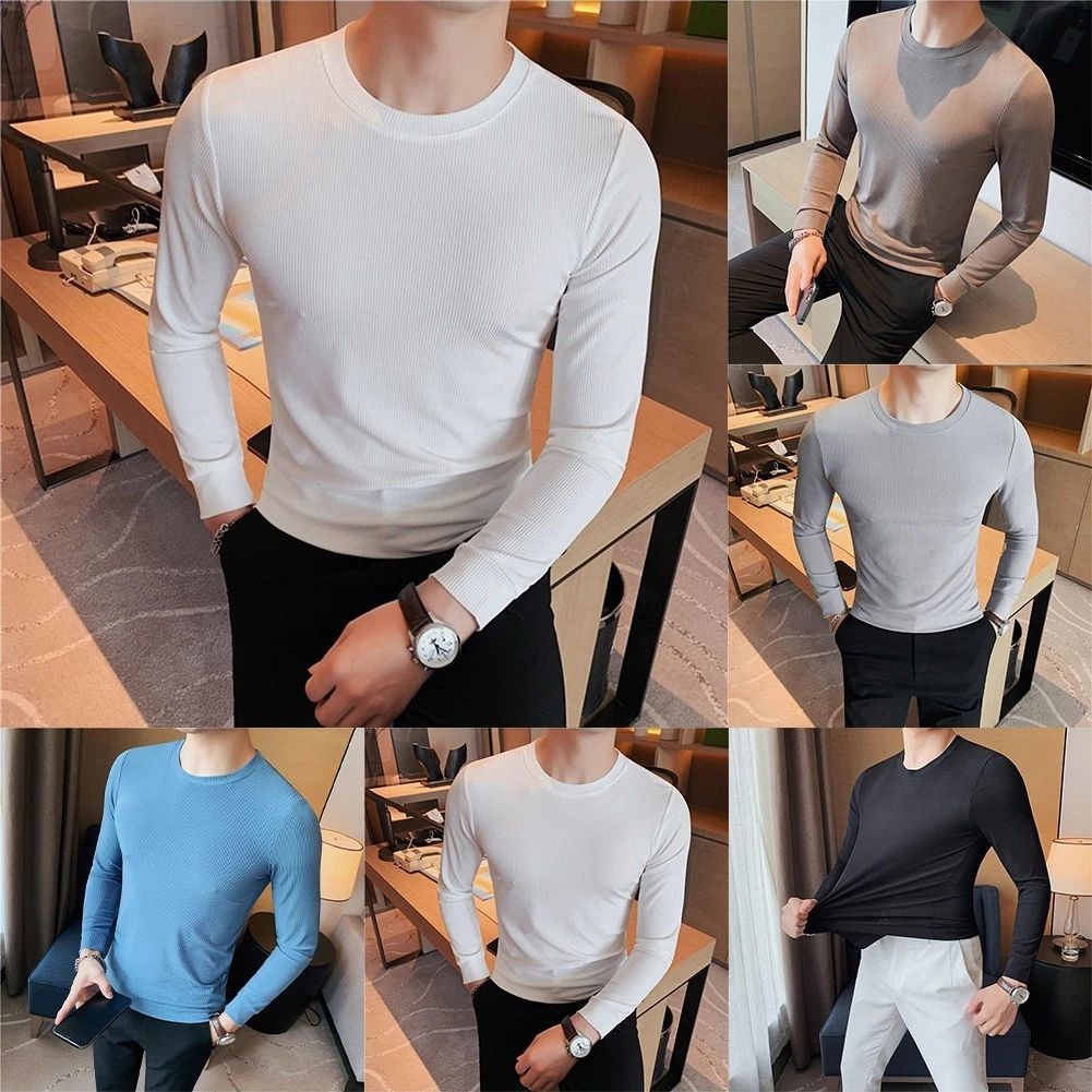 Men Slim Fit Long Sleeve Round Neck Tee Casual Solid Color Shirt for Men