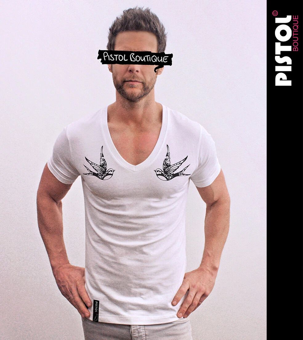 Pistol Boutique T-Shirt Da Uomo Fitted Bianco Deep V Neck Chest Tattoo Swallows