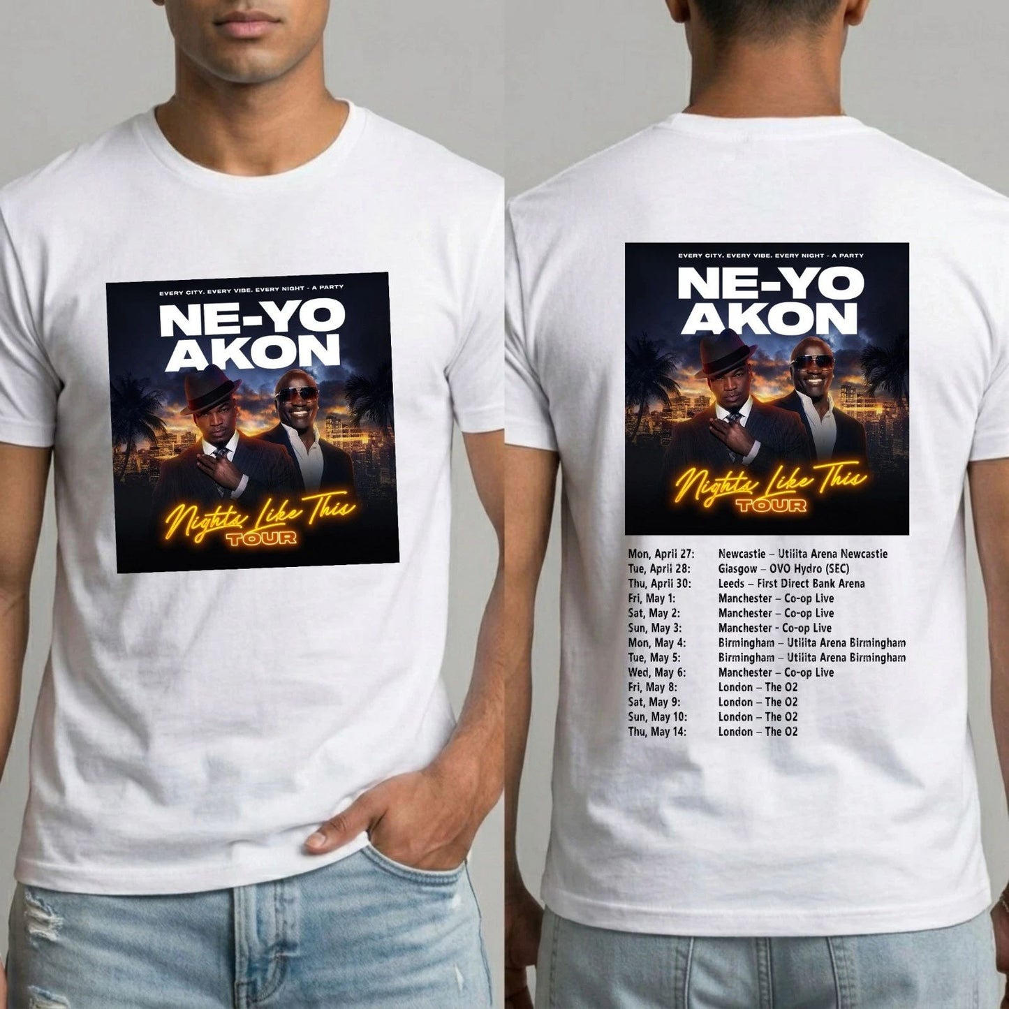 Ne Yo Akon Nights Like This UK Tour T-Shirt Retro RnB Music Concert Dates Top