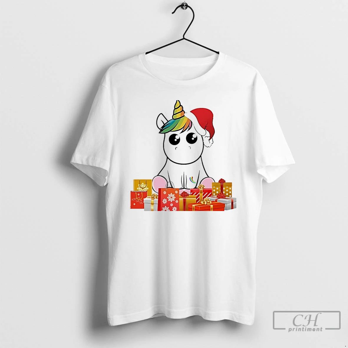 Classic Unicorn Santa Hat Gift Box Christmas White T Shirts