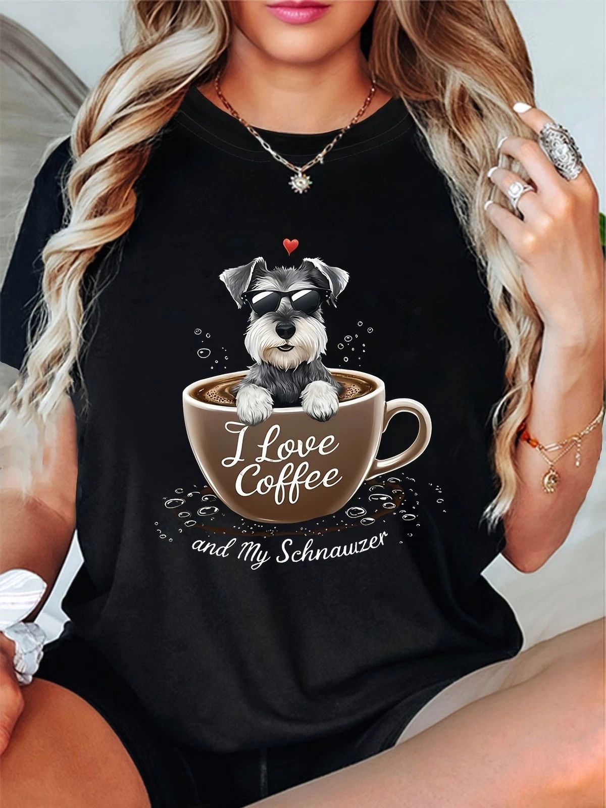 Wo I Love Coffee and My Schnauzer Graphic T-Shirt Black Casual Round Neck Tee
