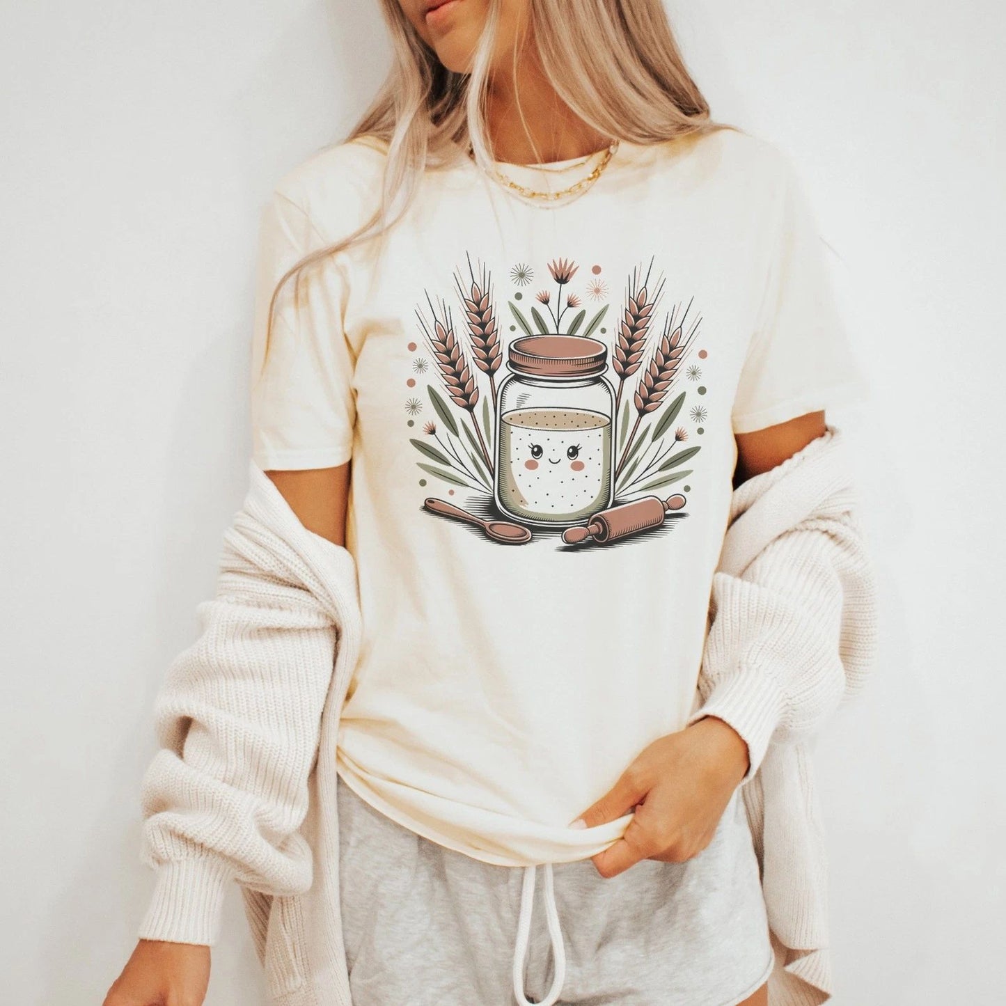 Boho Baking Jar Graphic Tee Hand-Drawn Style Kitchen Art Shirt