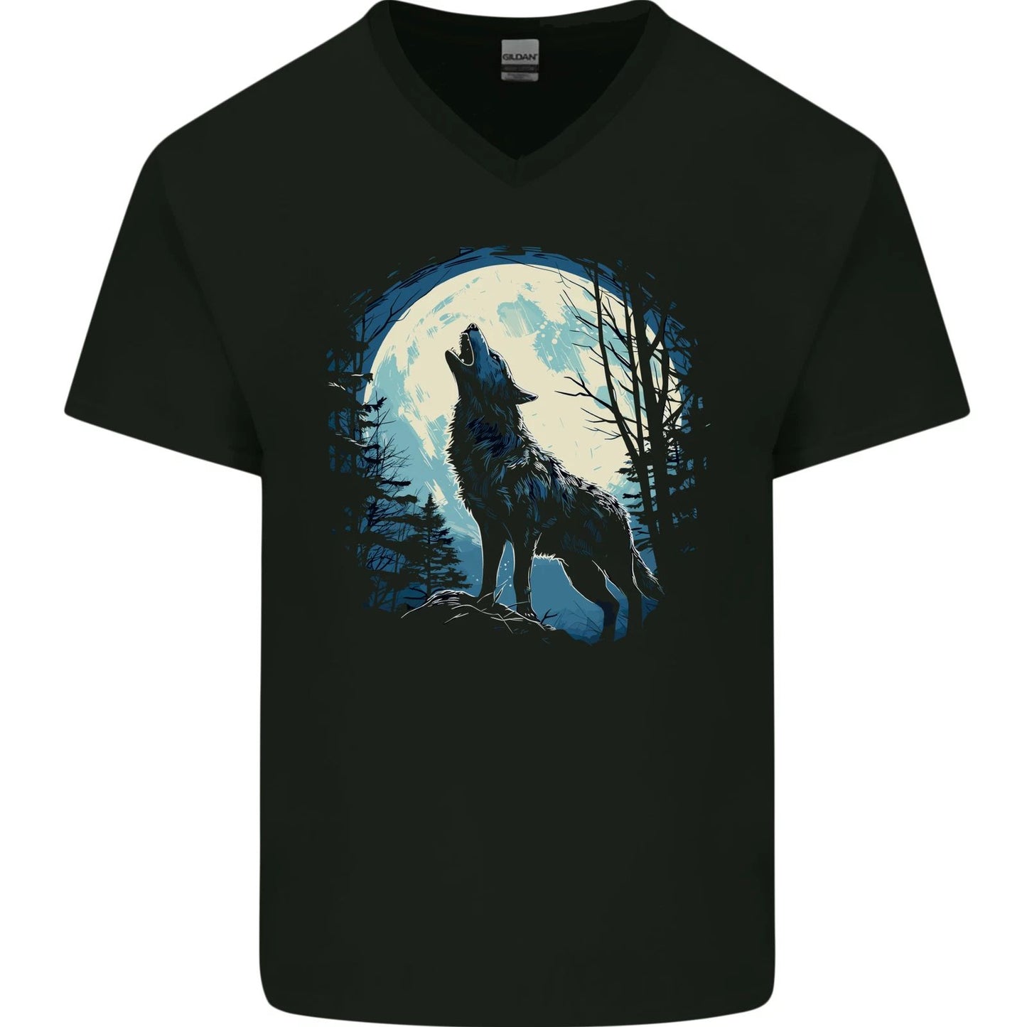 Moonlit Howling Wolf Fantasy Mens V-Neck Cotton T-Shirt