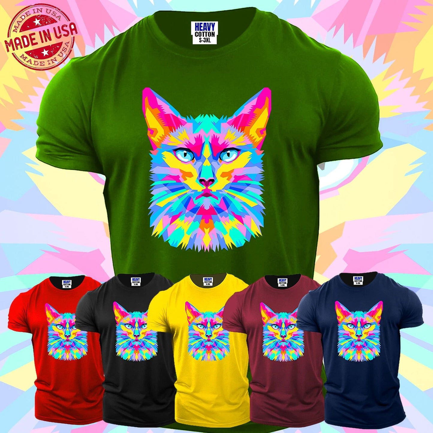 Cat Animal Lover Cute Men's T-Shirts Funny Colorfull Cats Gift USA Party Tee