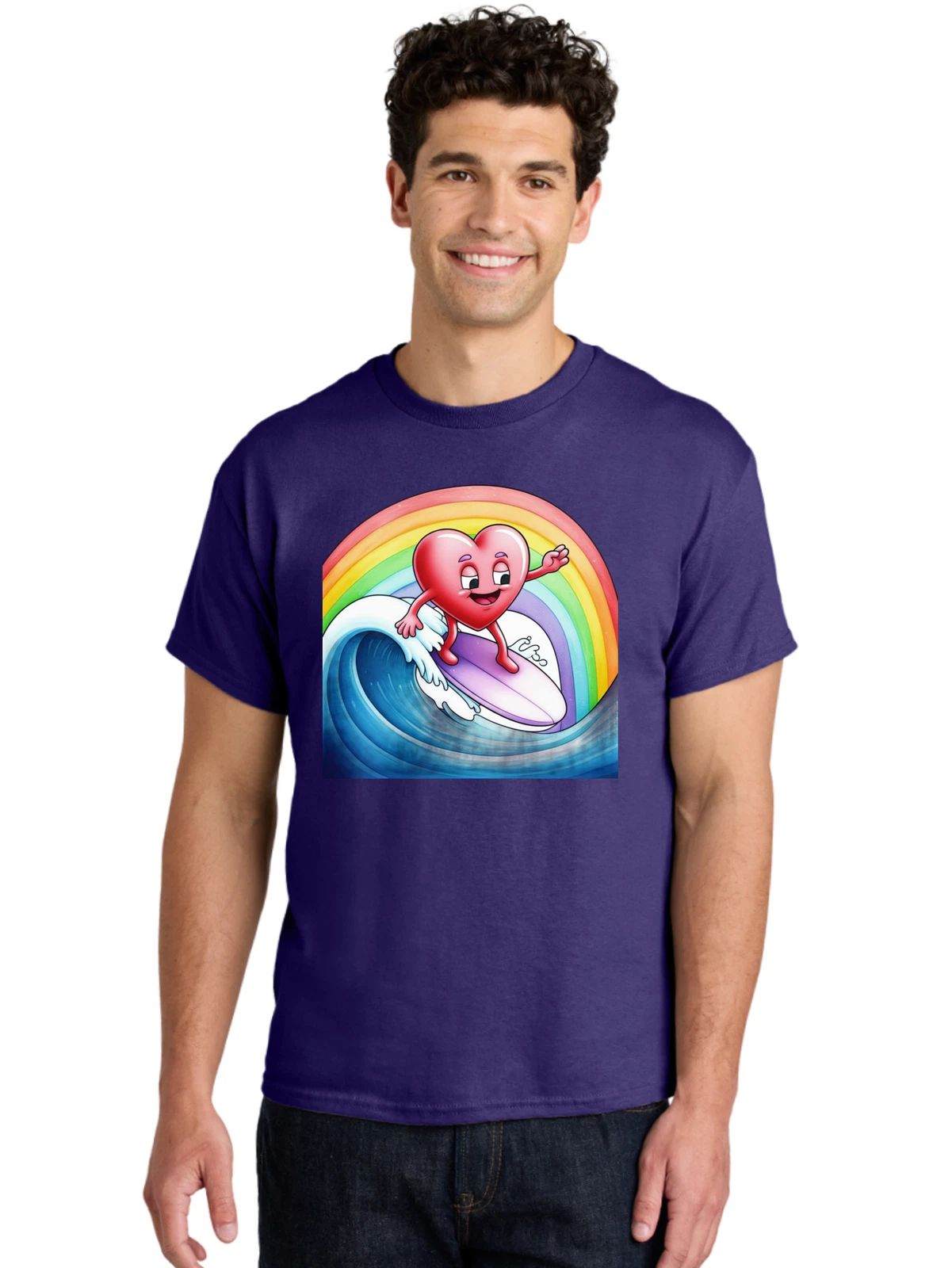 Heart-Surfing-Rainbow-Wave Mens Graphic Tee, 100% Cotton, Casual Summer Wear