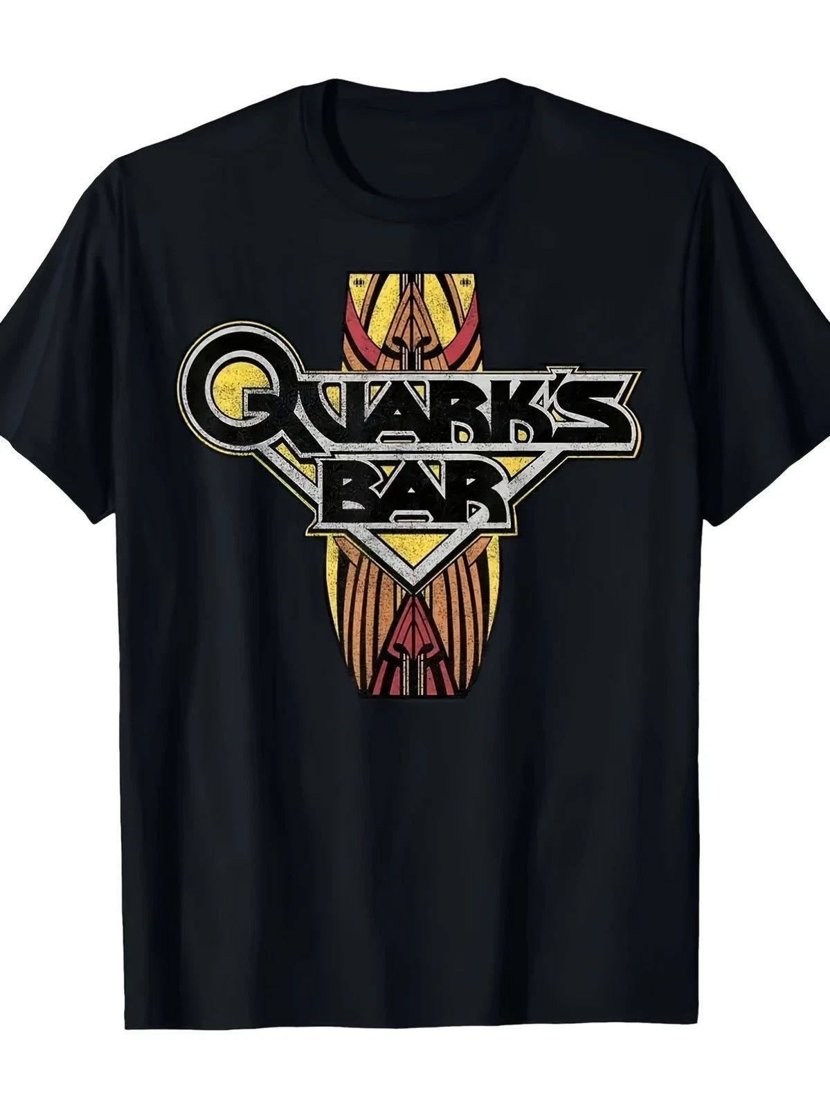 Men's Quark's Bar retro logo pattern T-shirt-black retro sci-fi design yellow re