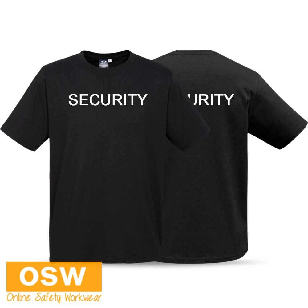 Mens Black SECURITY Printed Short Sleeve Ribbed Elastane Work Uniform Neck Tee