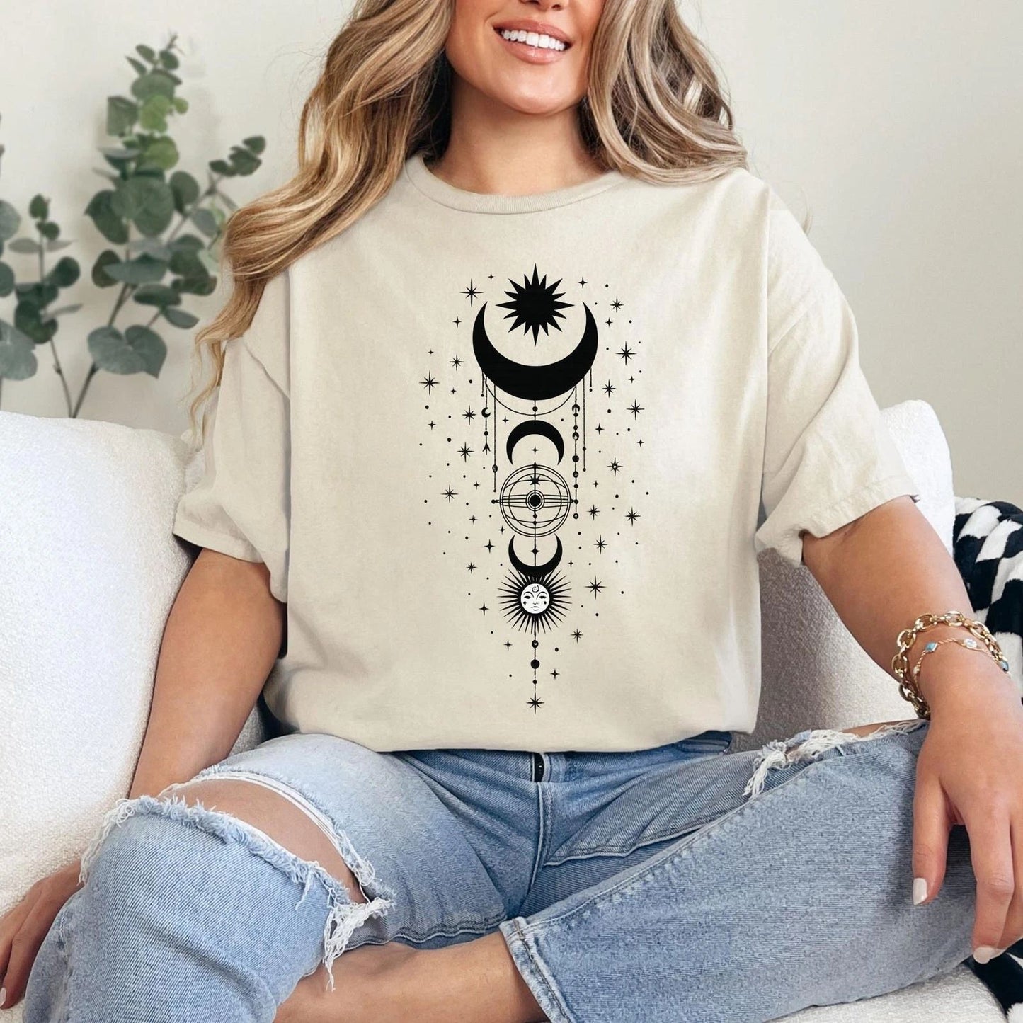 Graphic Print Yoga T Shirt, Boho Celestial Moon Phase Tee for Men Sand Tee #31