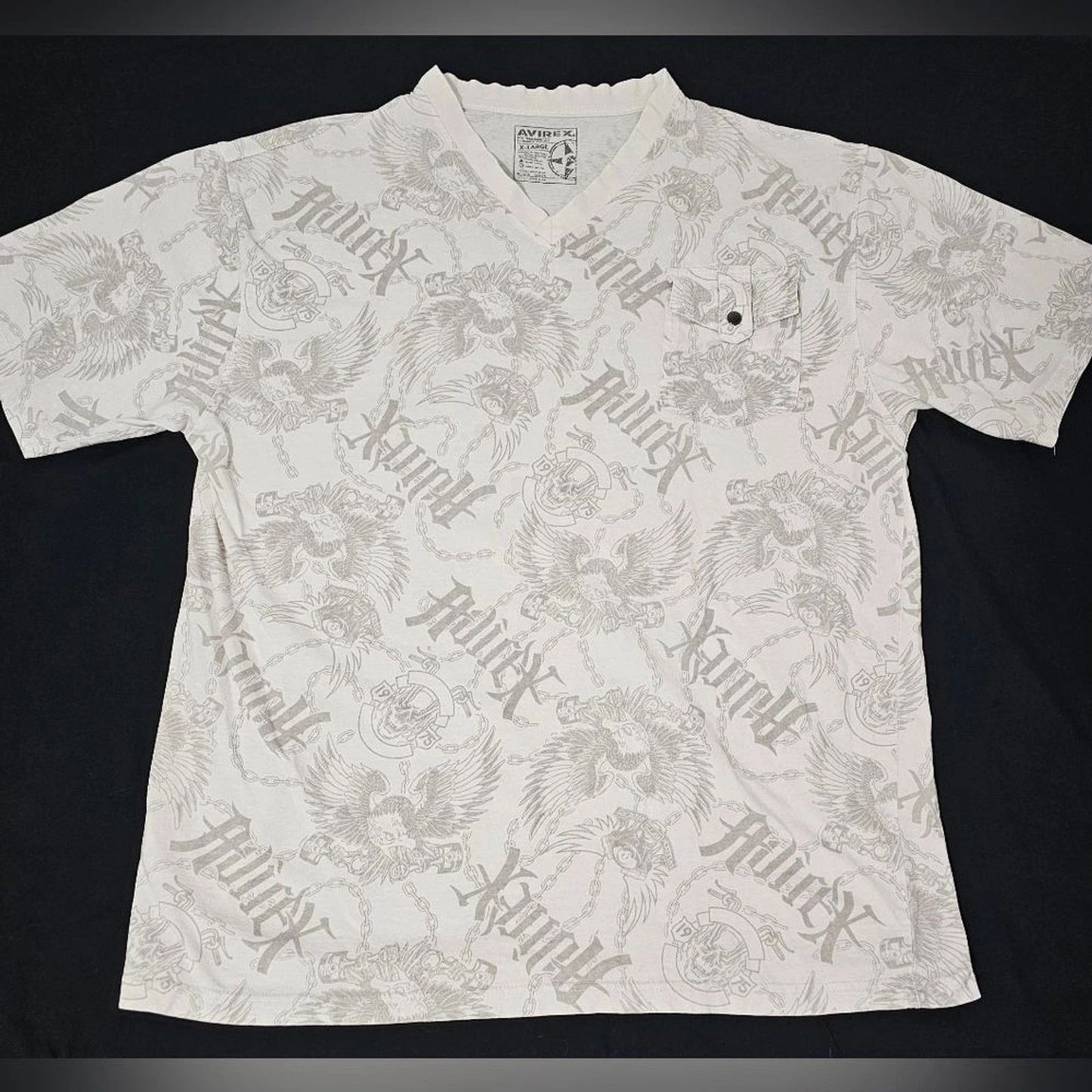 Avirex X-Large Graphic V-Neck Tee – All Over Chain & Eagle Print – White/Grey
