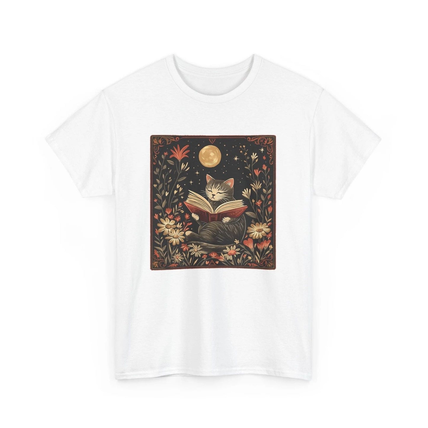 Cat Reading a Book Boho T-Shirt Whimsical Cozy Book Lover Shirt