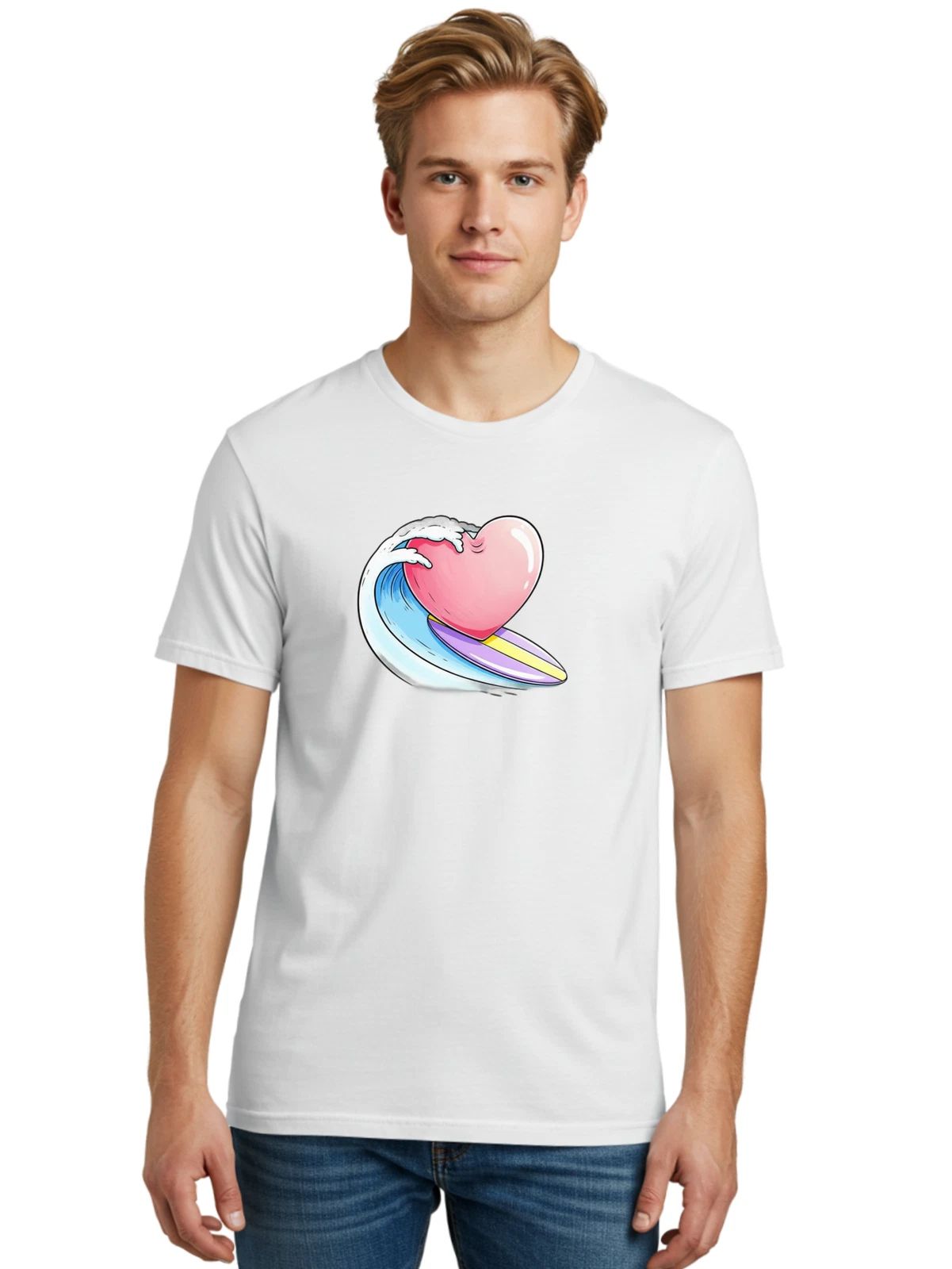 Heart-On-Surfboard-1 Mens Graphic Tee, 100% Cotton, Casual Summer Wear