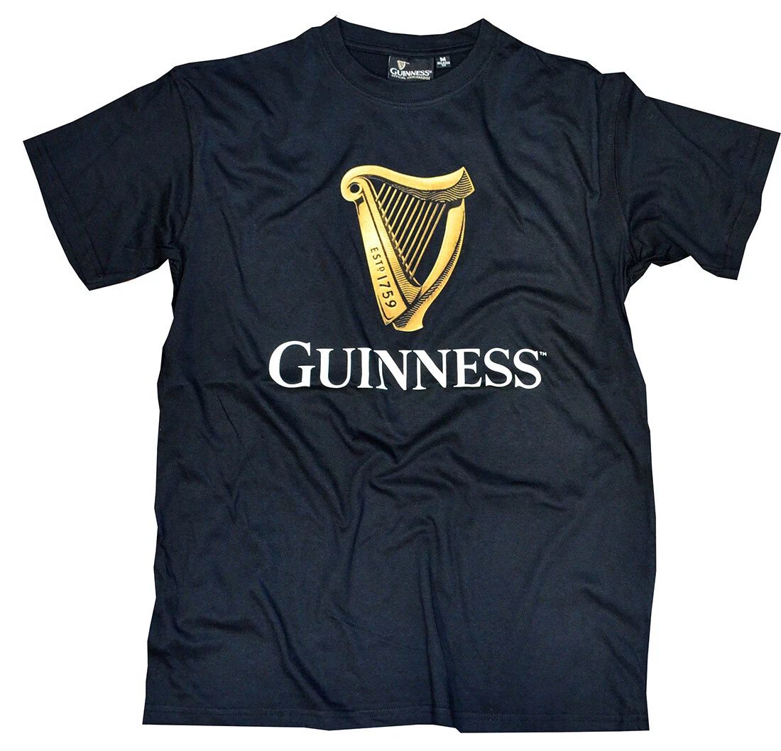 Traditional Craft Guinness Men's Black Cotton T-Shirt, Irish Gold Harp Design