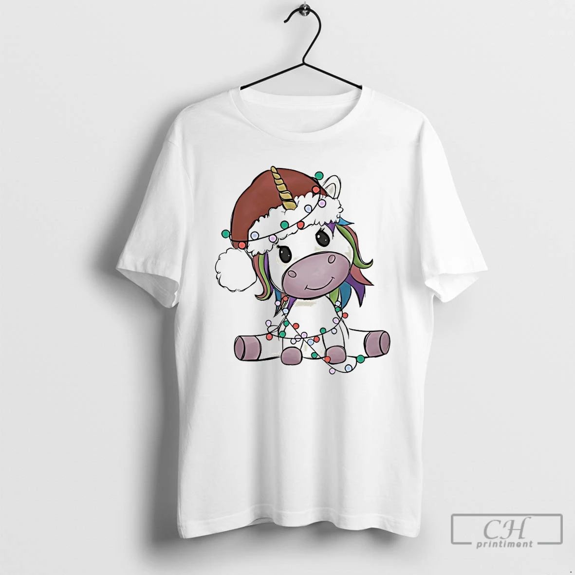 Classic Cute Unicorn Wrapped In Christmas Lights Santa Hat White T Shirts