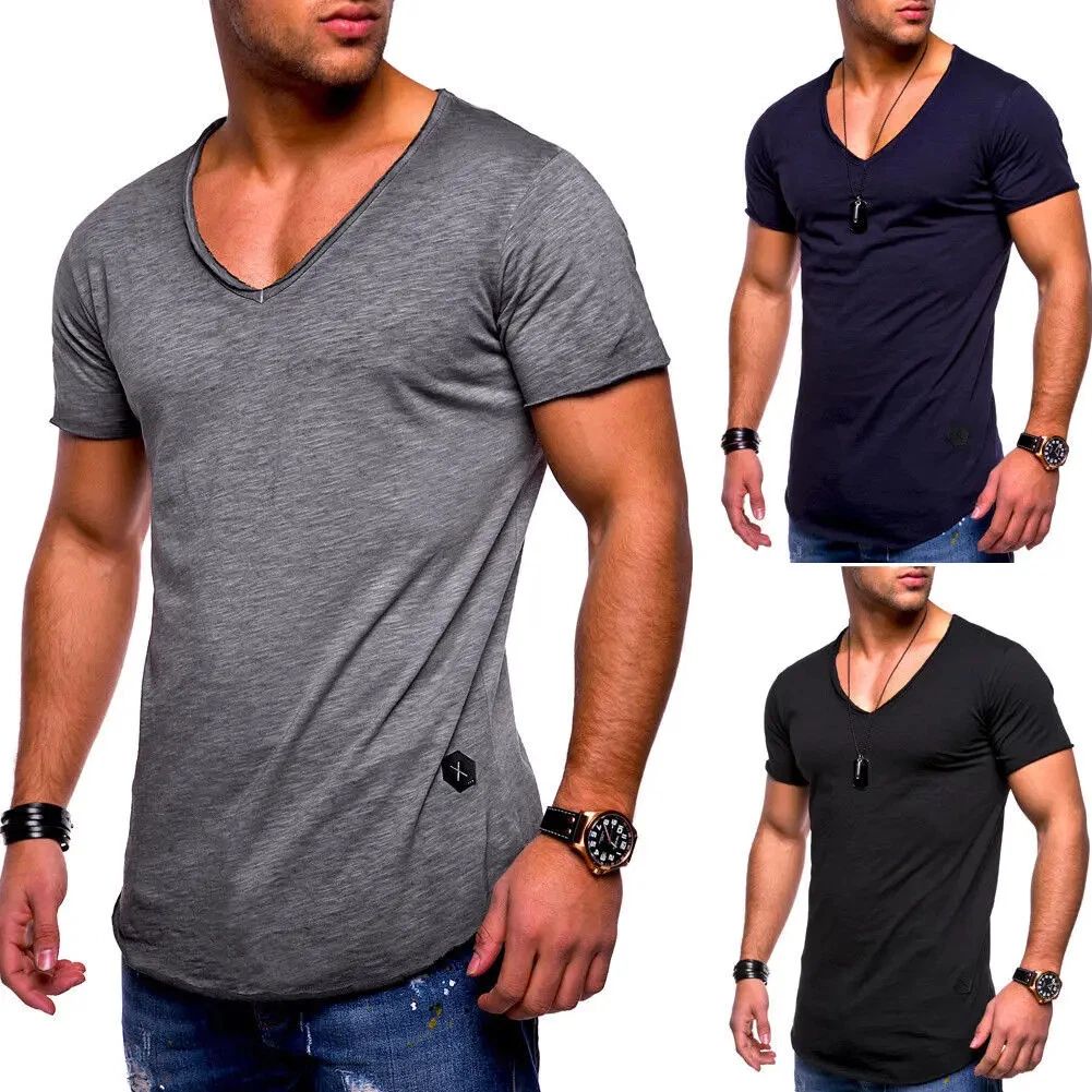 2025 Brand Quality Cotton Men T-shirt V-neck Fashion Design Slim Fit Soild