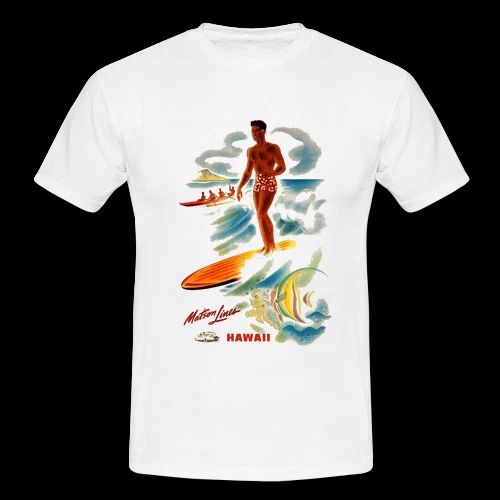 Mens Retro White Surf T-shirt Hawaiian Hawaii Waikiki Surfer Surfing Long Board