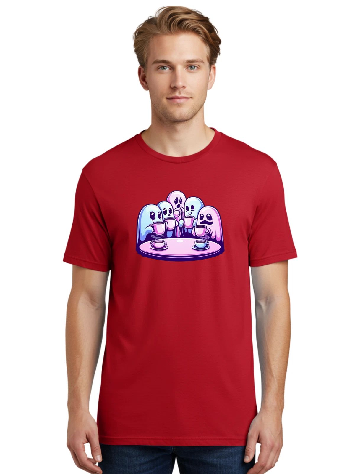 Ghosts-Drinking-Coffee Mens Graphic Tee, 100% Cotton, Casual Summer Wear