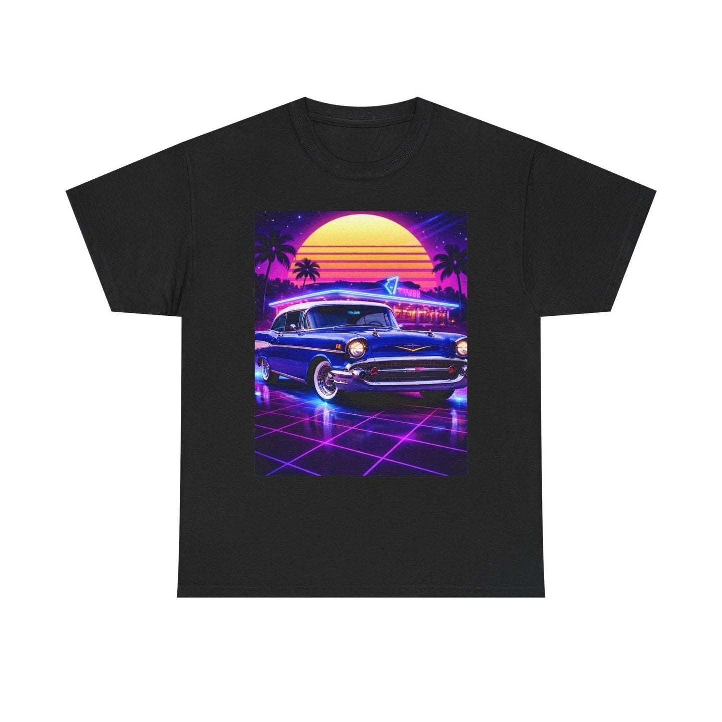 Retro Neon Sunset 1957 Classic Car Tee | Vintage Car Shirt