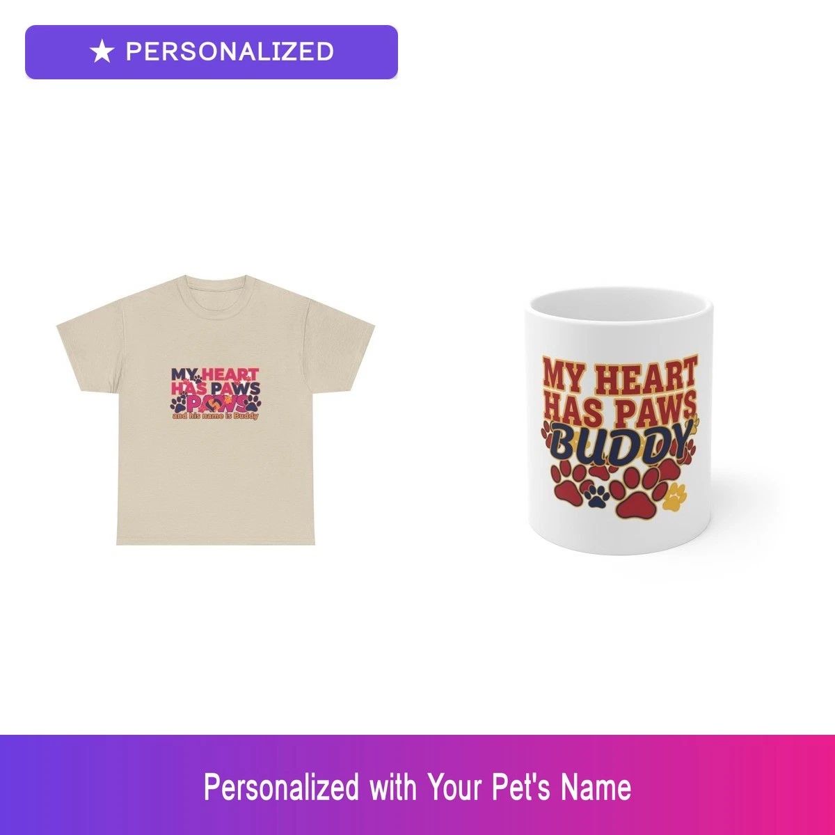 Custom Paw Print Gift Set Shirt Mug Personalized Pet Name Bundle Dog Lover