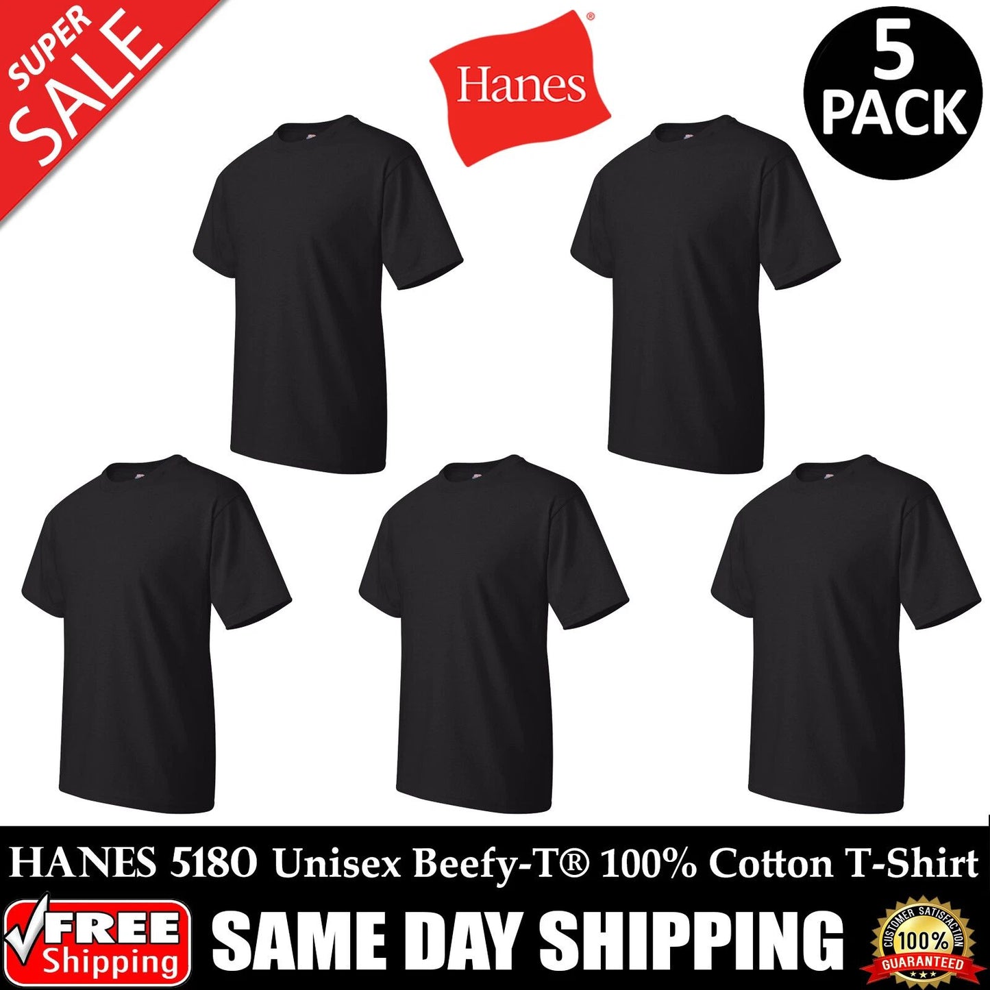 PACK OF 5 HANES PLAIN Mens Black T Shirt Blank Wholesale T-Shirt - 5180 S-XL