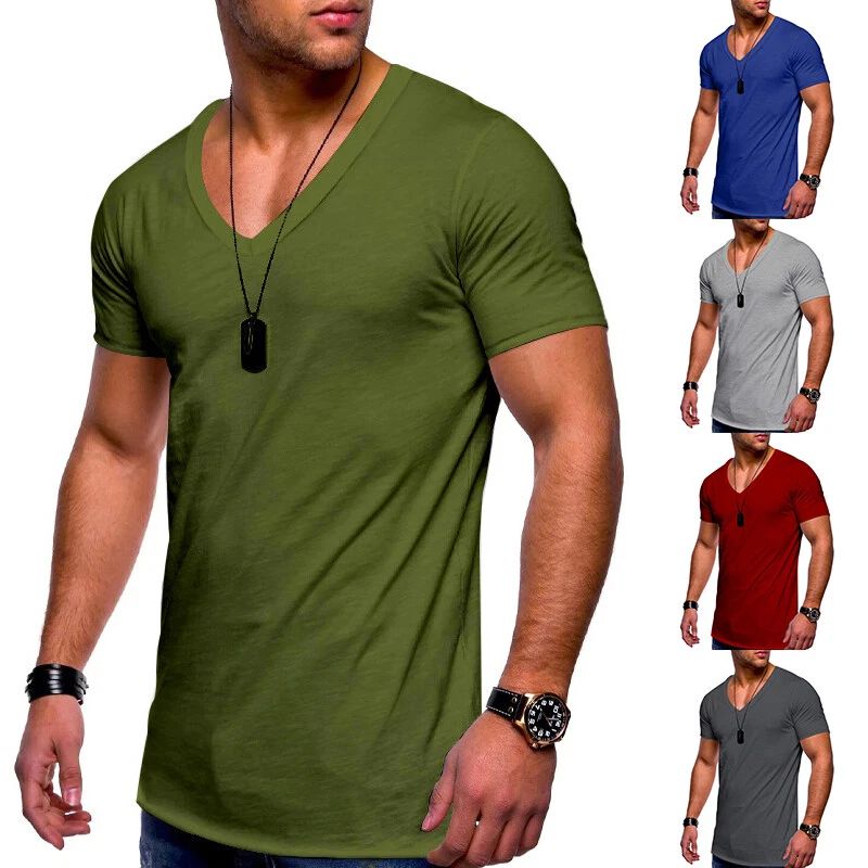 T-shirt Casual Solid Summer Blouse Slim Sleeve Fit Muscle Neck Short Tee Tops V⇖