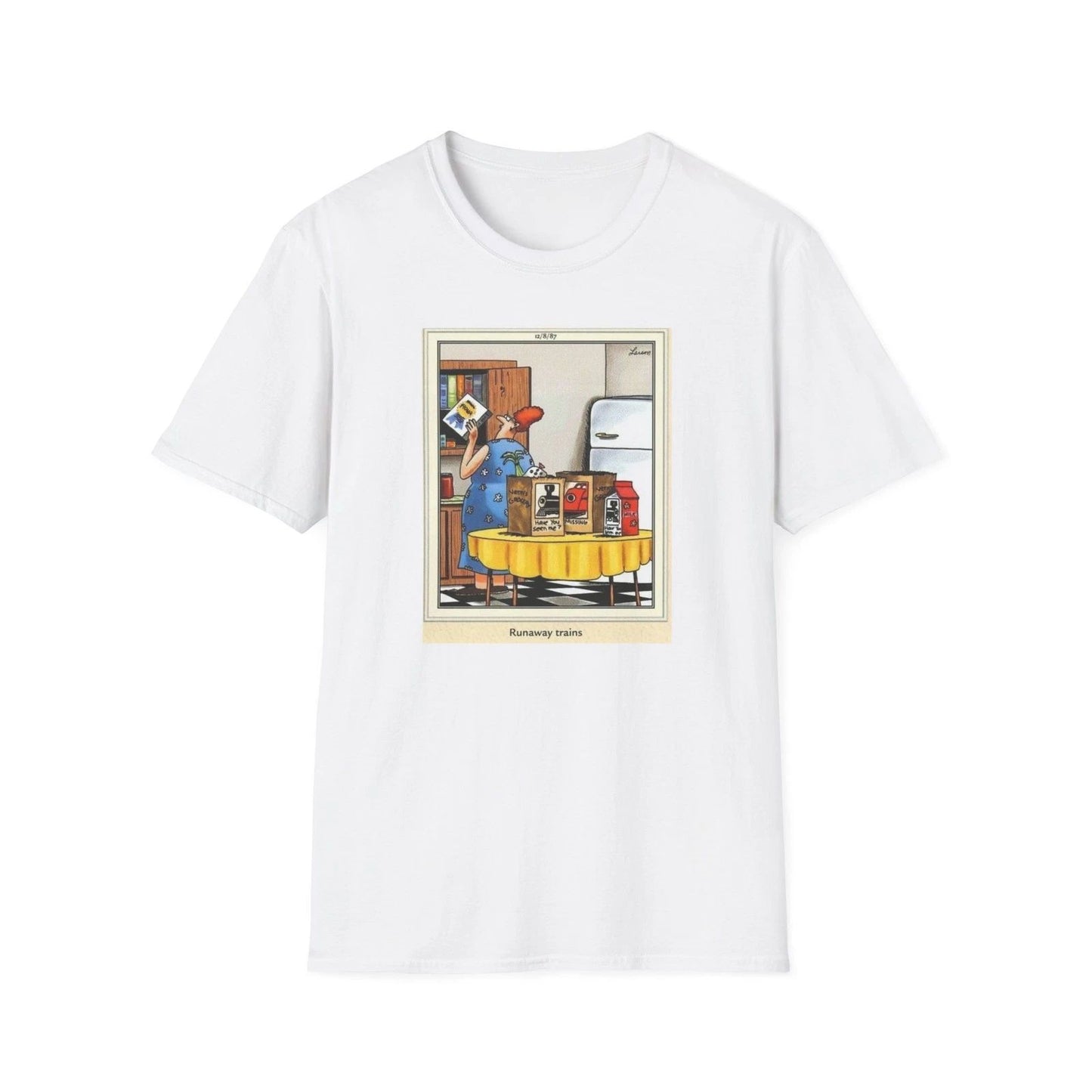 Runaway Trains Unisex Softstyle T-Shirt, Farside Newspaper Cartoon Tee