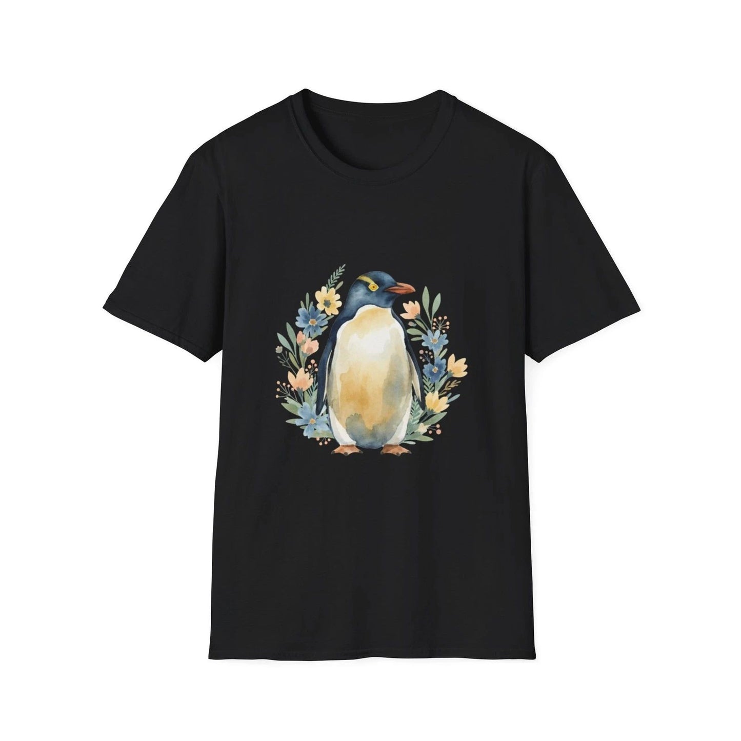 Penguin Floral Watercolor Nature Black T-Shirt Cute Aesthetic Print Tee