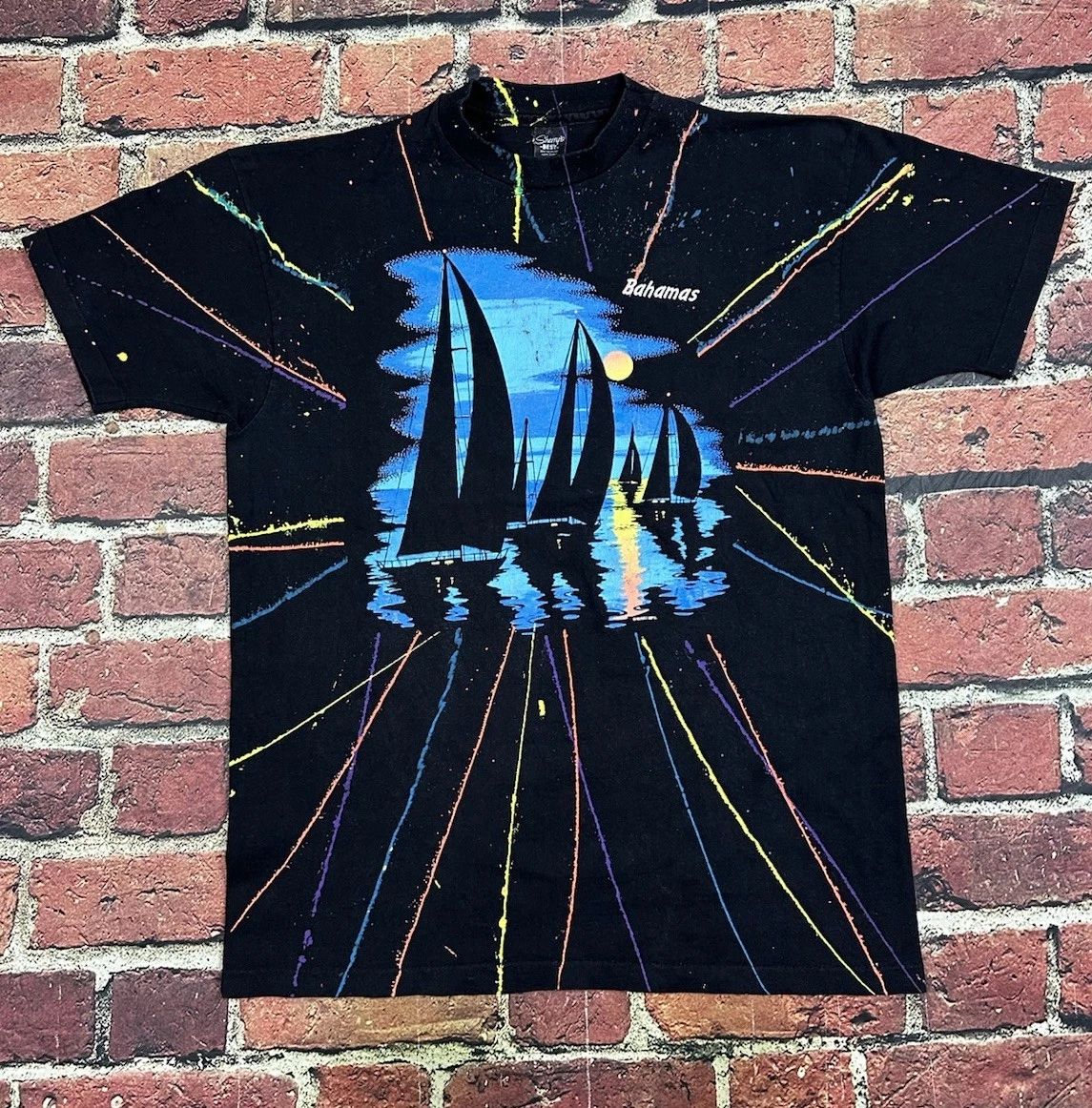 Vintage Sailing T Shirt Bahamas Paint Splatter All Over Print Men’s XL 80s 90s