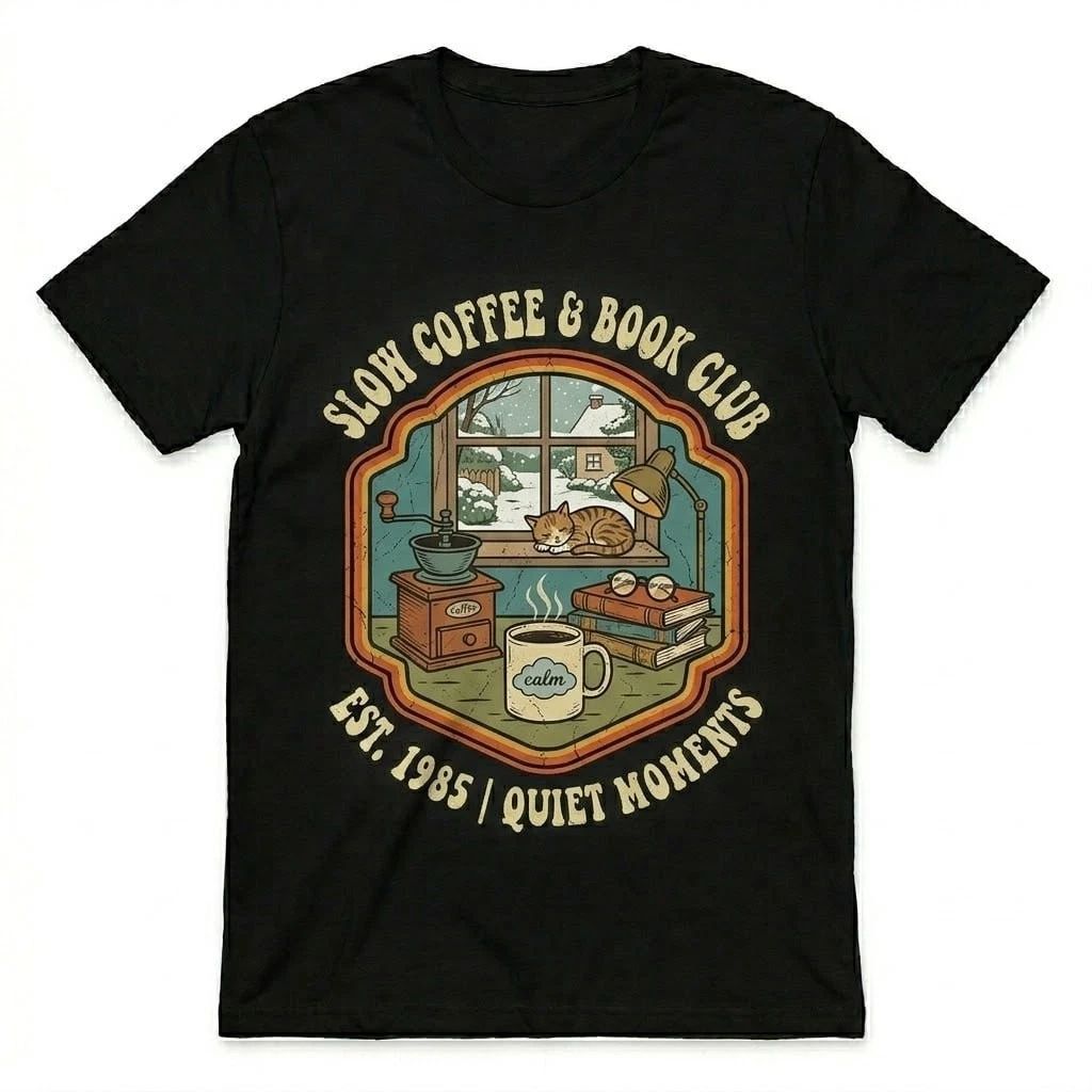 Vintage Slow Coffee Book Club Shirt Est 1985 Cat Lover Gift Tee Retro Black Top