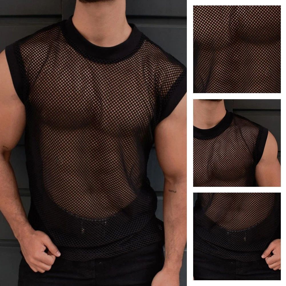 Trendy Men's See through T shirt Tank Tops Sleeveless Nightclub Vest Streetwear