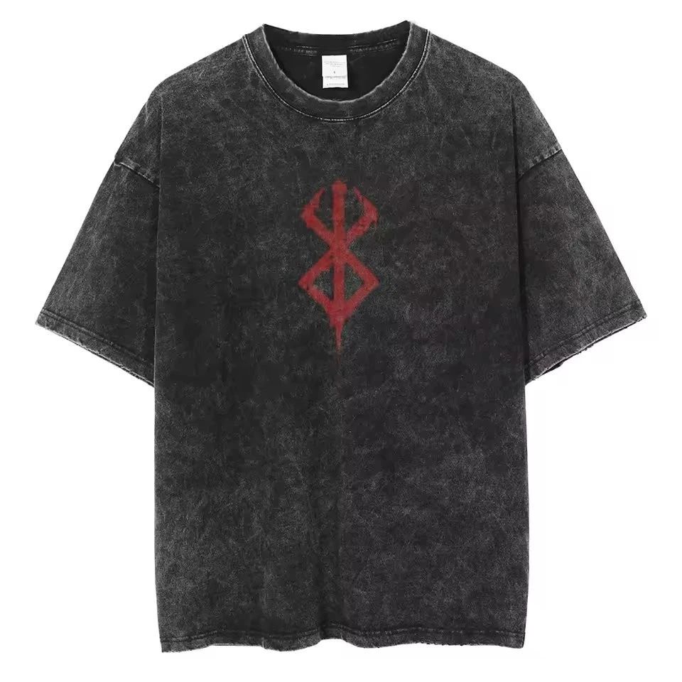 Anime Berserk Logo Graphic T-Shirt Vintage Washed Cotton Manga Oversized Harajuk