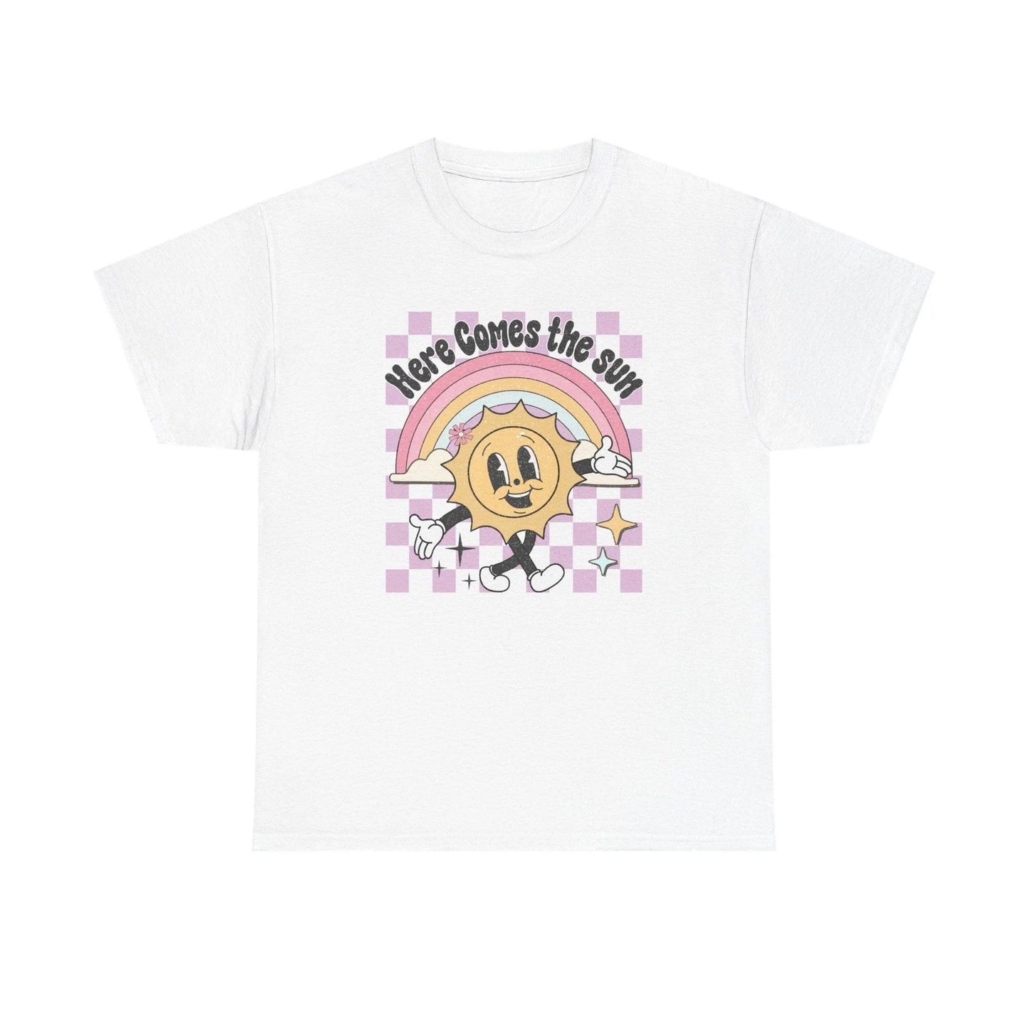 Here Comes the Sun tee | Retro smiling sun rainbow, checkerboard