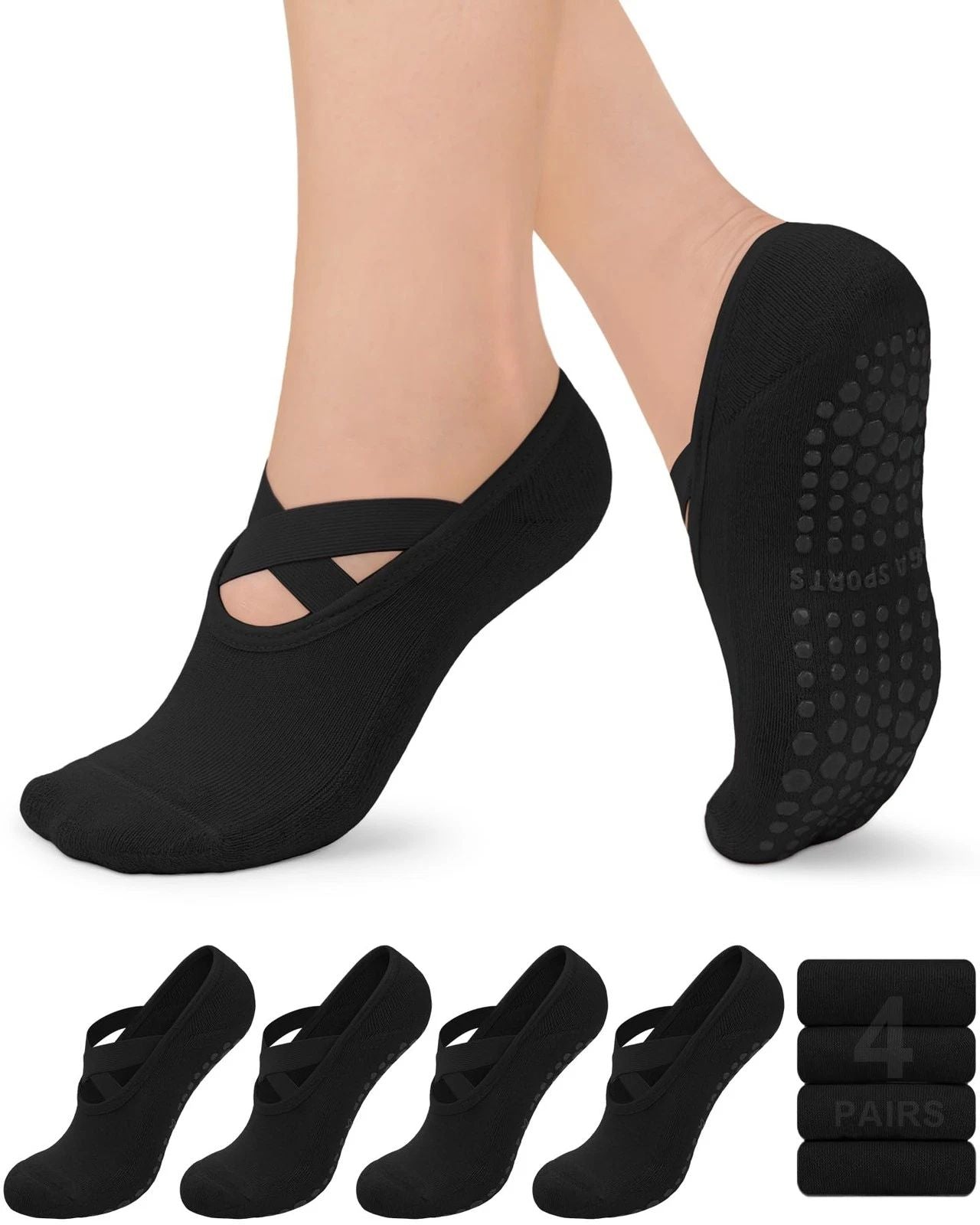4 Pairs Pilates Socks for Women Non-Slip Grip Socks with Straps for Yoga, Pur...