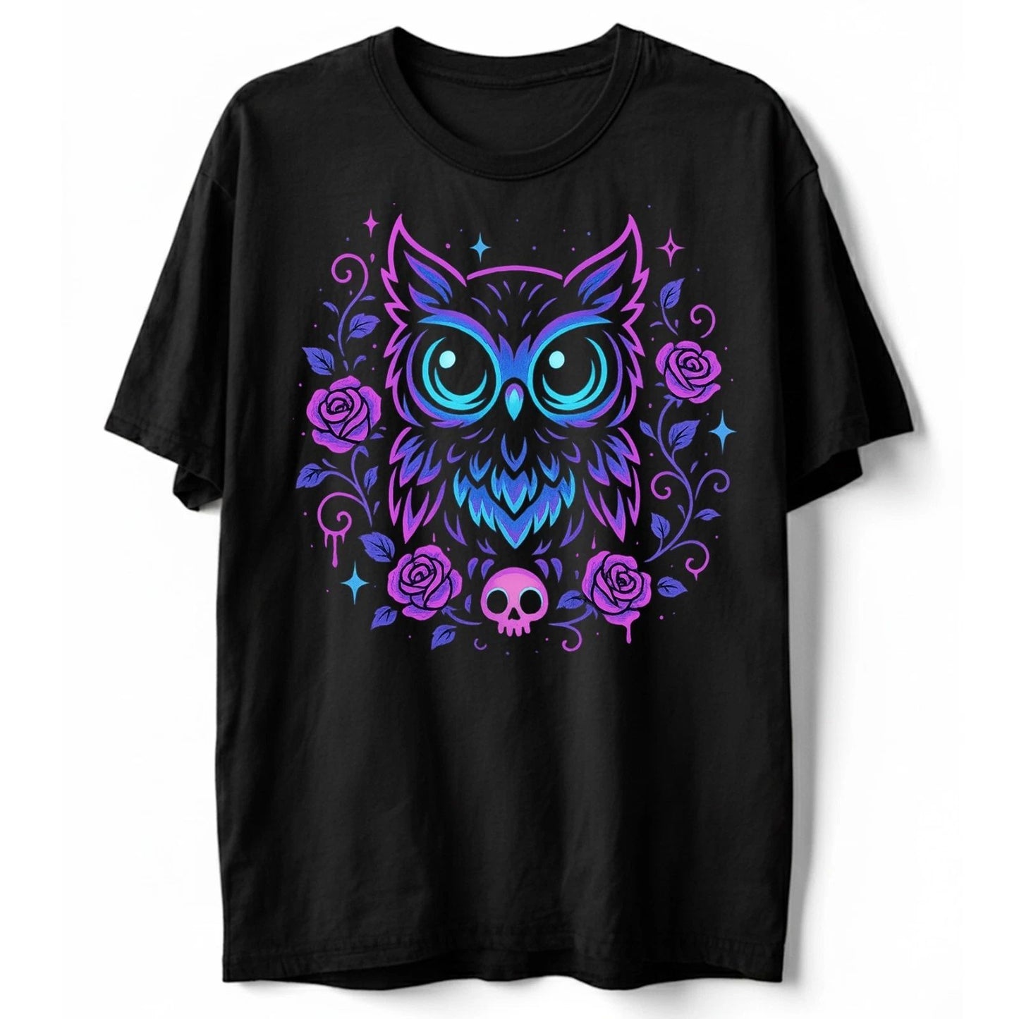 Cute Owl Roses T Shirt, Pastel Goth Kawaii Halloween Tee, Horror Skull Shirt