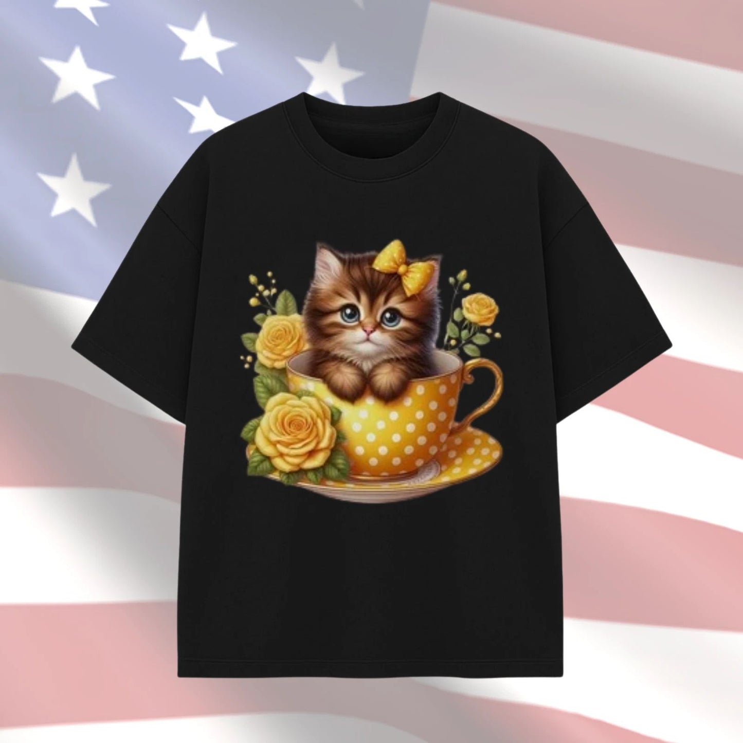 Women Cute Kitten Teacup Floral Cat Lover T-Shirt Size S-4XL