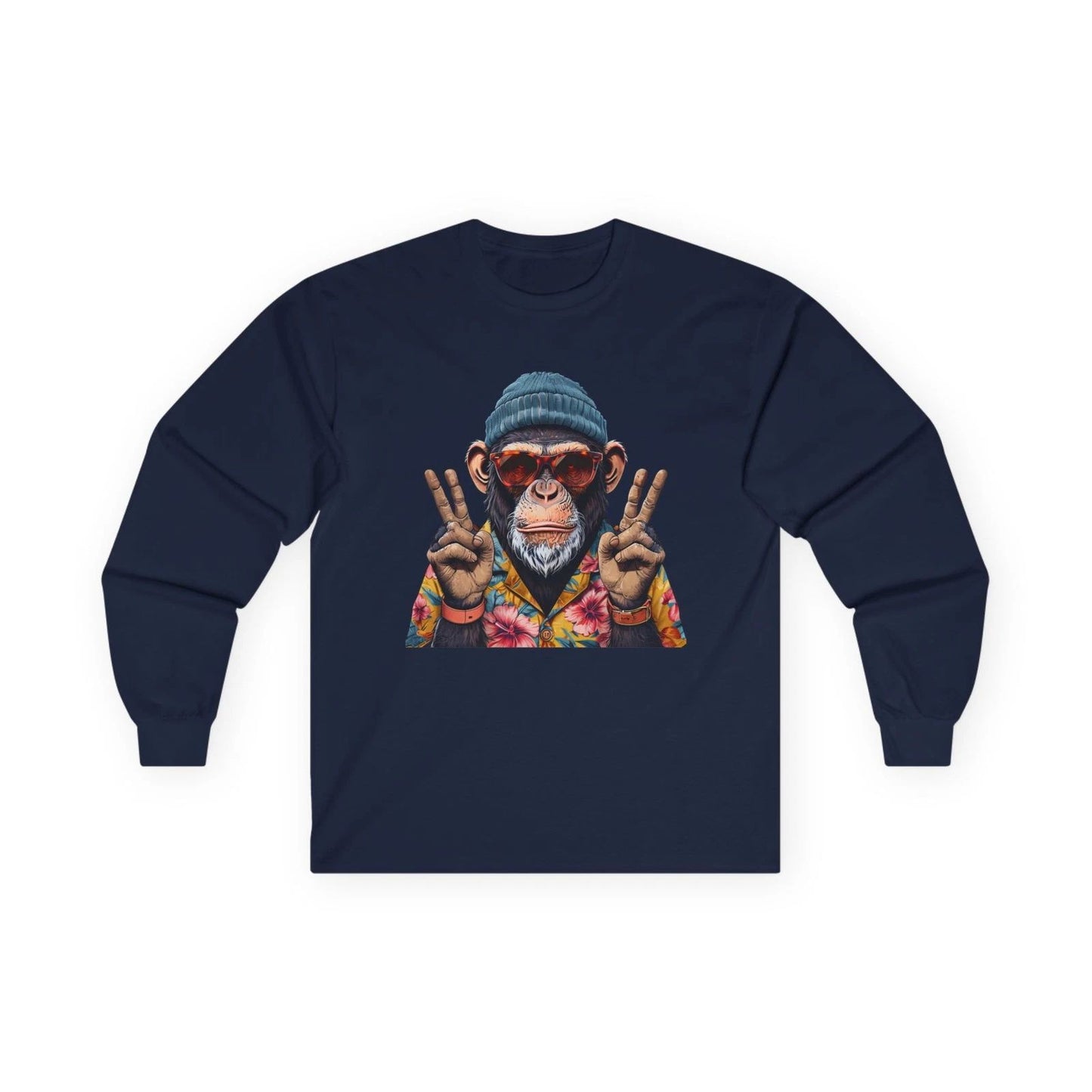 Peace Sign Monkey Long Sleeve Tee — Colorful Retro Chimp Graphic