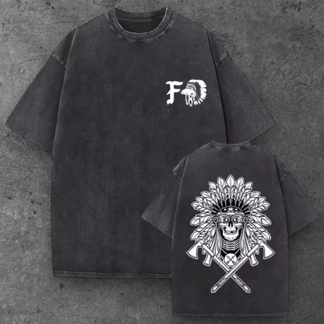 Mens War Bonnet Skull Tomahawk Oversized T Shirt Black Grunge Aesthetic S-2XL