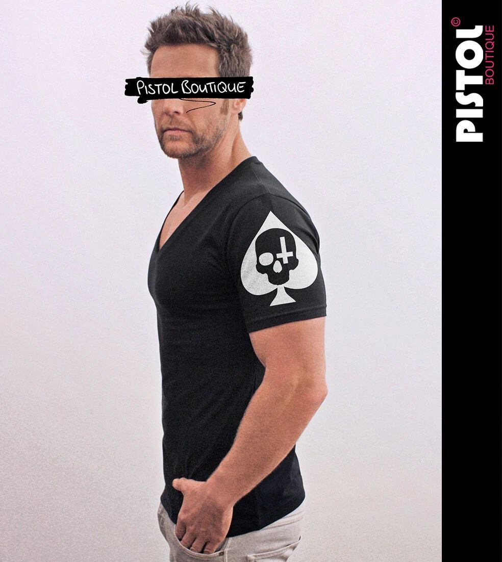 Pistol Boutique Men's Fitted Black Deep V neck Sleeve SKULL ACE SPADES T-shirt