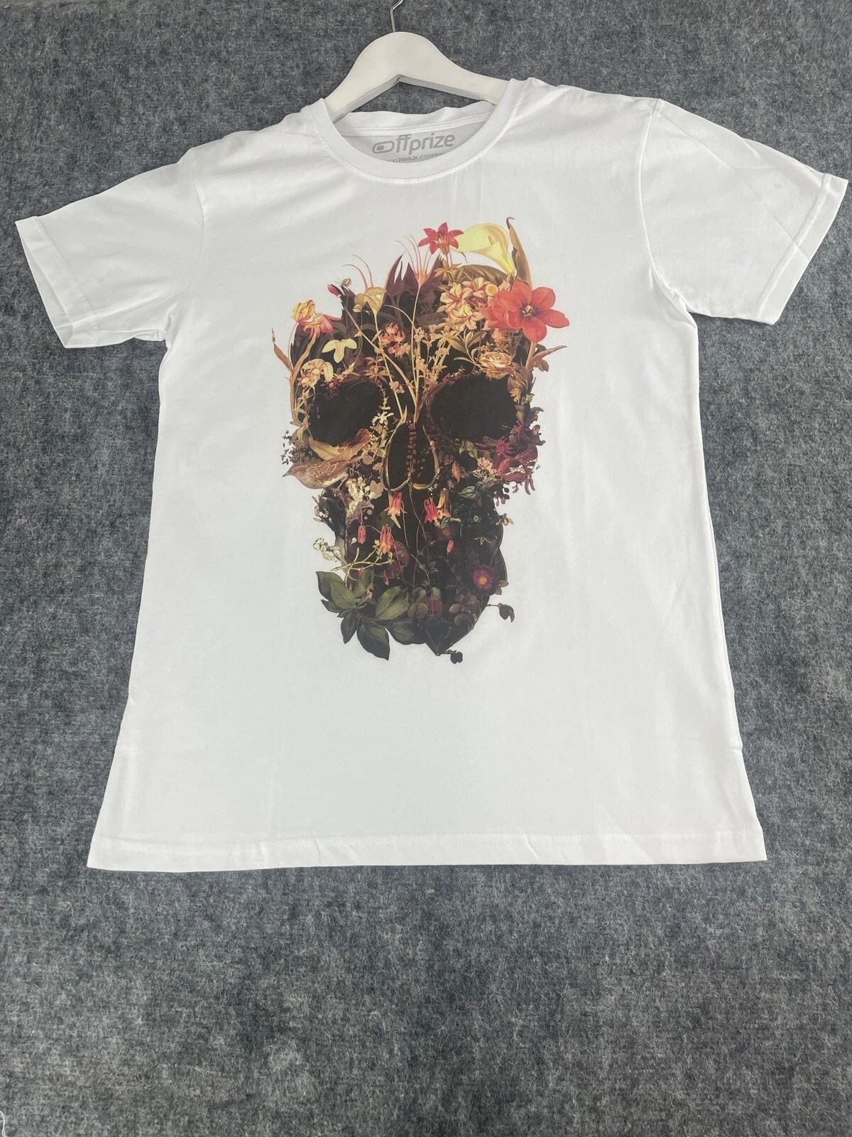 Off Prize Shirt Mens Medium Skull Print Floral Tee White Slim Fit N106