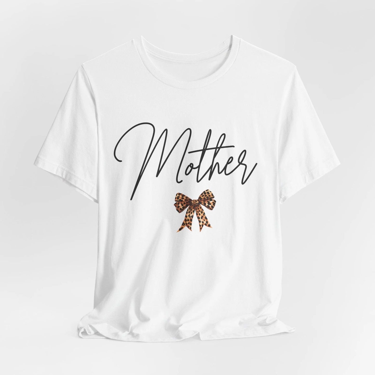 Mother Leopard Bow T-Shirt | Script Mom Tee, Animal Print Ribbon Design