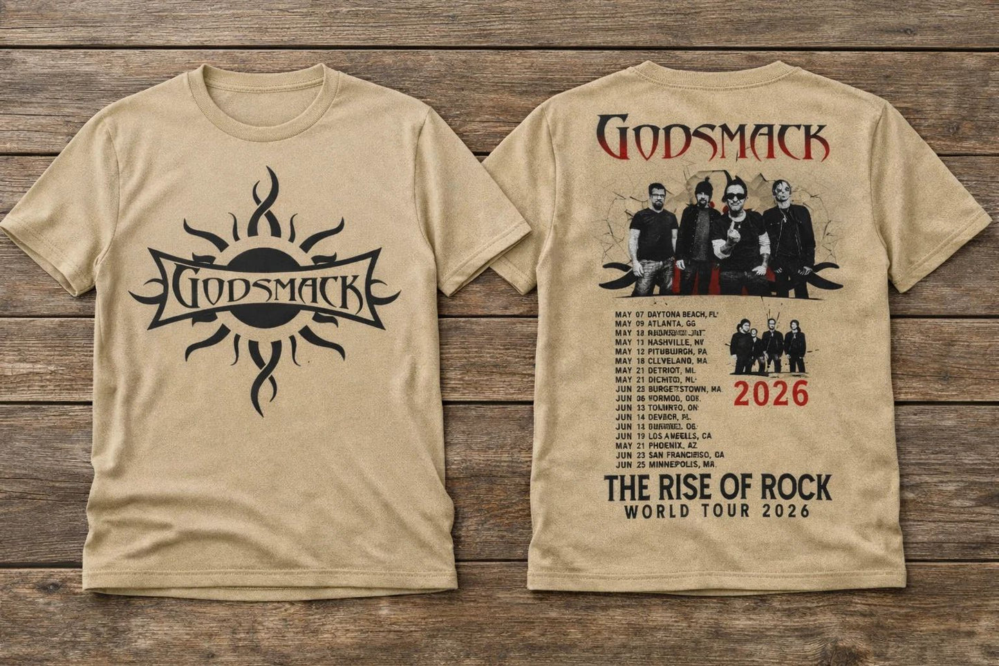 Godsmack's The Rise of Rock Tour 2026 Sand Or Natural T-Shirt Full size S-5XL