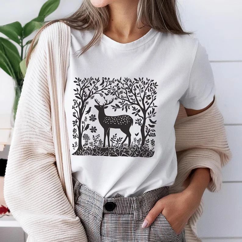 Deer Linocut Print Boho Woodland Comfort Tee