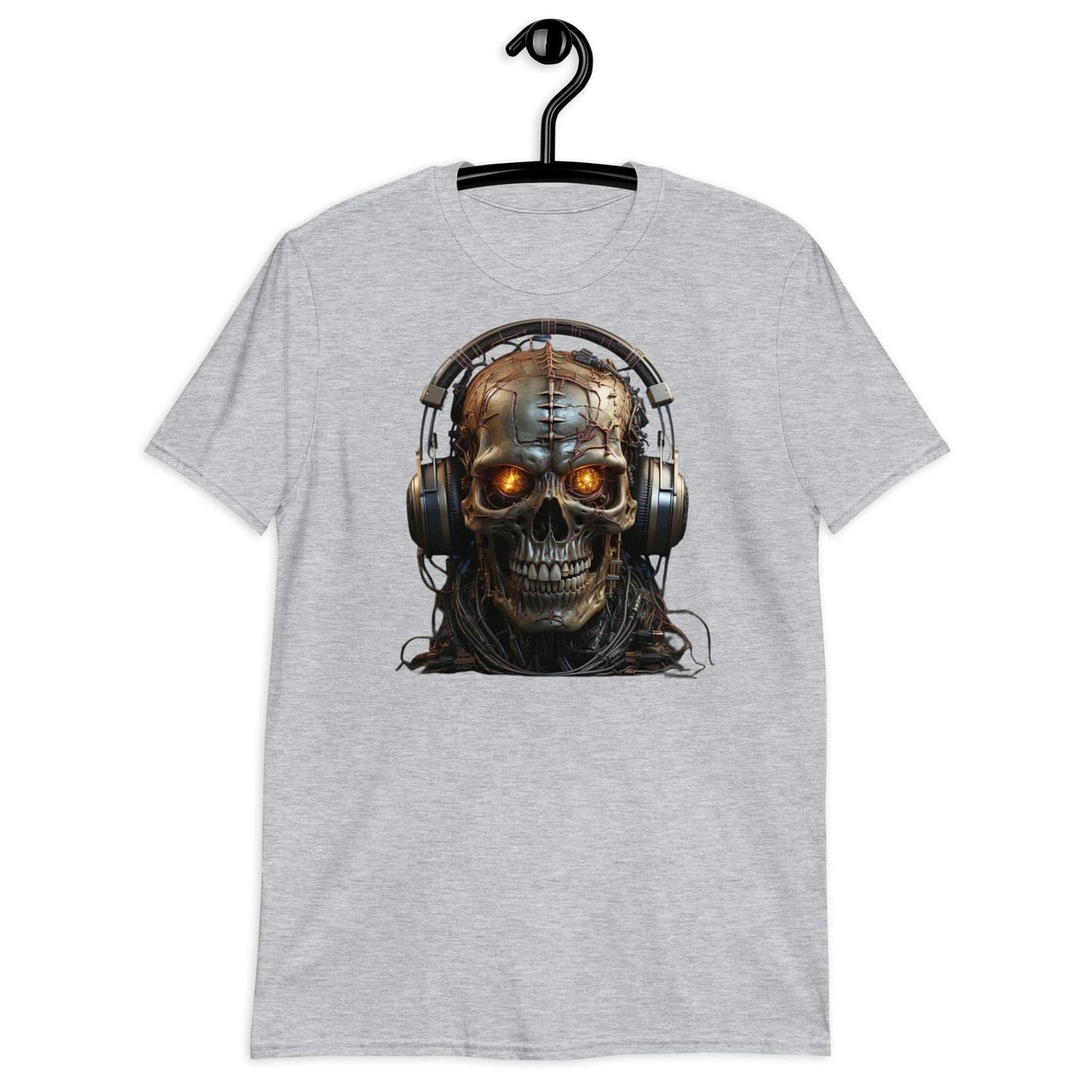 Cyborg Skull with Headset Graphic Print T-Shirt Futuristic Men's Tee